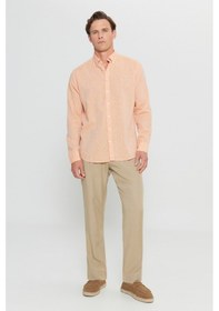 Resim AC&Co / Altınyıldız Classics Erkek Turuncu %100 Keten Comfort Fit Rahat Kesim Düğmeli Yaka Gömlek Turuncu 