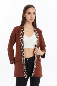Resim CNR TEKSTİL Kadın Kahverengi Leopar Desenli Blazer Ceket 
