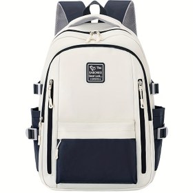 Resim Tablet Bölmesi, Ayarlanabilir Askılar ve File Havalandırma Özellikli Dayanıklı Naylon Seyahat Sırt Çantası - Okul, İş veya Dış Maceralar için Şık İki Tonlu Tasarım (Beyaz & Lacivert), Açık Hava Sırt Çantası | Kontrast Vurgular | Güvenli Fermuar Kapatma 