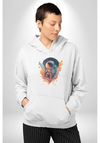 Resim Bulutlar Astronot Uzay Kadın Erkek Beyaz Kapüşonlu Sweatshirt Hoodie Beyaz 