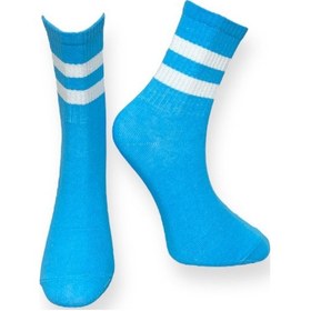 Resim 2'li Unısex Esnek Nem Alabilen Pamuklu Beyaz Şeritli Çizgili Spor Soket Çoraplar Çok Renkli 