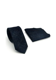 Resim Gaffy Mavi Kırcıl Desenli Lacivert Dokuma Kumaş Mendilli Slim Fit Kravat // Sdk-2610-2 Lacivert 
