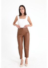 Resim Pensli Yüksek Bel Deri Pantolon - Taba-taba Taba 