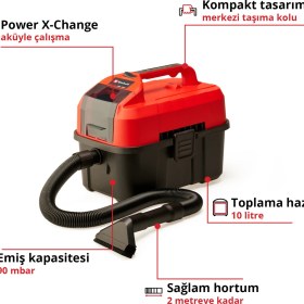 Resim Einhell Akülü Islak/Kuru Süpürge TE-VC 18/10 Li-Solo Power X-Change (10 L tank, 2 m hortum, dar aralık/fırça başlığı, döşeme/genel başlık dahil, akü dahil değildir) - 2347160 