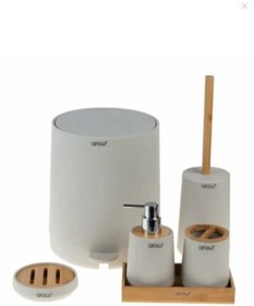 Resim AROW Bambu Kapaklı Akrilik 6 Parça Yuvarlak Banyo Seti Krem Alessia Dc1.tr-3728 