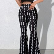 Resim Kadınlar İçin Rengi Blok Zigzag Desenli Geniş Paçalı Pantolon, Uzun Polyester Örgü Kumaş, Tüm Mevsimler İçin Yetişkin Moda Pantolon 