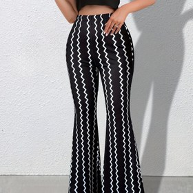 Resim Kadınlar İçin Rengi Blok Zigzag Desenli Geniş Paçalı Pantolon, Uzun Polyester Örgü Kumaş, Tüm Mevsimler İçin Yetişkin Moda Pantolon 