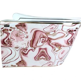 Resim Turkuaz Pure Ebru Pembe Altın Kanalsız Asma Klozet WH-133+SOFT Kapak 