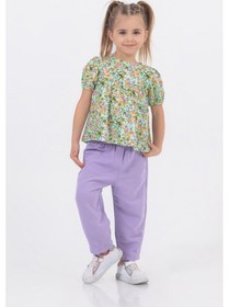 Resim Harika Kids Kız Çocuk Dokuma Üst Keten Pantalon Model Alt-üst Takım Lila 