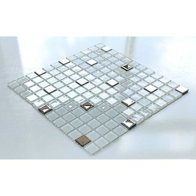 Resim MozaiKristaL Mutfak tezgah arası ve iç dekorasyon için 23x23mm. Beyaz-Gümüş, 30x30cm Fileli Kristal Mozaik. 