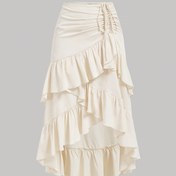 Resim Elegant White Tiered Ruffle Etek, Drawstring Bel ve Yay Detaylı - Yüksek-Düşük Etek, Düz Renk, Partiler, Tarihler ve Bahar/Yaz Etkinlikleri İçin Mükemmel, Çok Yönlü Moda | Drawstring Etek | Ruffle Detail Etek 