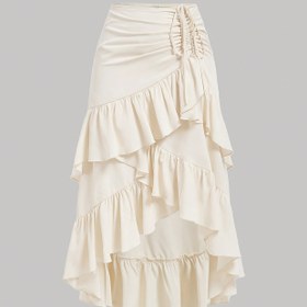 Resim Elegant White Tiered Ruffle Etek, Drawstring Bel ve Yay Detaylı - Yüksek-Düşük Etek, Düz Renk, Partiler, Tarihler ve Bahar/Yaz Etkinlikleri İçin Mükemmel, Çok Yönlü Moda | Drawstring Etek | Ruffle Detail Etek 