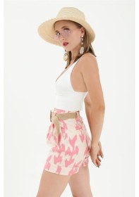 Resim Wpr Hasır Kemer Baskılı Keten Şort - Pembe-pembe Pembe 