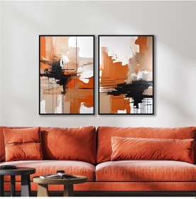 Resim Yağlı Boya Dokulu Tablo Kahve Bej Siyah Soyut İkili Set Siyah Çerçeveli U08043-179057 