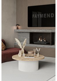 Resim Faymend Kooky Modern Yuvarlak Beyaz - Meşe Ahşap Orta Sehpa '70cm' Krem 