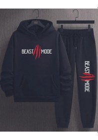 Resim Hırsch Siyah Erkek Oversize Basic Kapüşonlu Lastikli Beast Moda Baskılı Pamuklu Eşofman Takımı Siyah 
