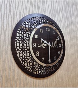 Resim Ahşap Ve Aynalı Allah-muhammed Motifli Normal Rakamlı Duvar Saati Gümüş 