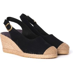 Resim Siyah Arkadan Bantlı Topuğu Açık Burnu Hasırlı Keten Espadril Dolgu Topuk Siyah 