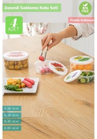 Resim 4 Lü Desenli Saklabı Kabı Seti Erzak Kabı Buzdolabı Kabı Yuvarlak Bpa Free Şeffaf 