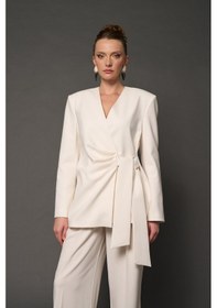 Resim Thalure Kadın Ekru Kruvaze Bağcıklı Blazer 