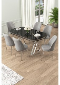 Resim Canisa Lai Serisi 90x168 Lak Panel Sonata Krom Ayak Masa Takımı 6 Gri Sandalye Masa Siyah Mermer Sandalye Gri Krom Detay 