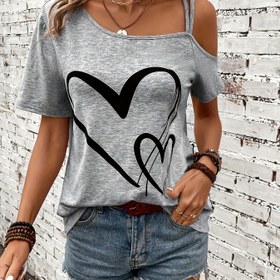 Resim Kalp Baskılı Tek Omuzlu T-shirt, Bahar ve Yaz İçin Şık Kısa Kollu Üst, Kadın Giyim 