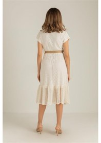 Resim Neşeli Butik Kadın Ekru Hasır Kemerli Dantel Elbise Dk0001 Ekru 