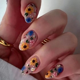 Resim Vivid Charm Vividcharm 24'lü Sarı Ayçiçeği ve Renkli Çiçek Baskılı Jel Protez Görünümlü Badem Model Takma Tırnak 