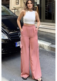 Resim WeShaya Kadın Pudra Beli Lastikli, Kargo Cepli, Bol Paça Kupra Kumaş Palazzo Pantolon - Tesettüre Uygun Pembe 