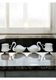 Resim Kuğu Tasarımlı Porselen Türk Kahvesi Fincanı Ve Tabak Seti - 2 Fincan, 2 Kuğu Tabak Beyaz 