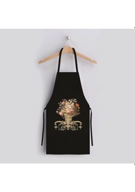 Resim Siyah Figüratif Çiçek Mutfak Önlüğü Keten Kumaş, Uluslararası Yıkama Ve Solmama Sertifikası Çok Renkli 