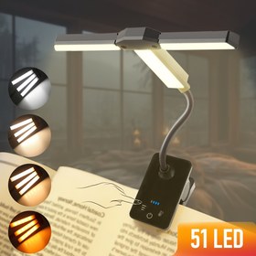 Resim 51 LED'li 3 Başlıklı Klipsli Okuma Lambası, 4 Renk Ayarlanabilir Parlaklık, 1000mAh USB Şarj Edilebilir Pil, Esnek Hortum, Yatak Odası, Komodin, Ofis ve Masa için Yumuşak Işık 