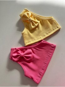Resim HEREN BUTİK Kız Çocuk Pembe Fiyonklu Tek Omuz Crop Bluz %100 Pamuklu Fitilli Esnek Kumaş 