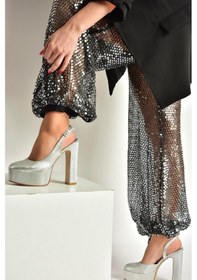 Resim Fox Shoes Y246195107 Gümüş Yılan Baskı Platform Kalın Topuklu Kadın Abiye Ayakkabı Gümüş 