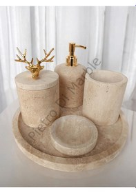 Resim Sarı Traverten Klasik Model 5 Parça Gold Renk Geyik Aksesuarlı Banyo Seti Sarı Traverten 