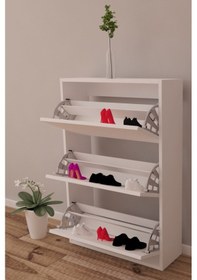 Resim Moonlife 3 Kapaklı Kayar Raflı Ayakkabılık Beyaz 