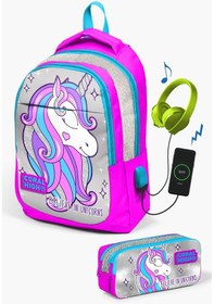Resim Coral High Kids Pembe Gümüş Simli Unicorn Desenli Usb'li 2'li Okul Çanta Seti Set0223412 