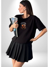 Resim Rottweiler A Secere Siyah Oversize Unisex Ön Orta Minimal Baskılı Tişört Siyah 