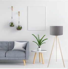 Resim Pratik Ahşap Krem Üç Ayaklı Lambader Gri Kumaş Başlık Salon Yatak Odası Köşe Lambası Gri 