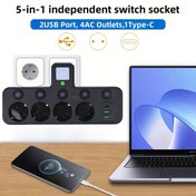 Resim 4 AC Çıkışlı ve 2 USB Portlu & 1 Type-C Şarj Portlu, 2500W/10A EU Priz Uzatma Kablosu - Ev, Ofis, Yurt ve Oyun Odası İçin Uygun 