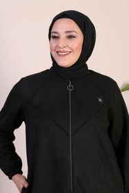 Resim Kadin Buyuk Beden Tesettur Süet Pardesü Tam Boy Baklava Desenli Uzun Tesettur Süet Pardesu - siyah / 60 