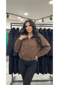 Resim Ribana Classic Kadın Kahverengi Astarlı Gömlek Yaka Etnik Desenli Mevsimlik Bomber Süet Crop Mont D99786 Kahverengi 