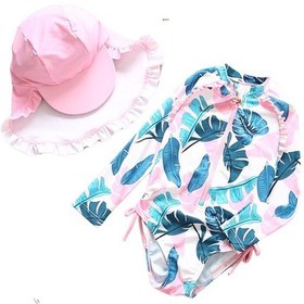 Resim Upf50+ Kız Çocuk Mayo Beyaz Pembe Yeşil Yaprak Desenli Kolay Giyilen Mayo Şapka Set Pembe - Beyaz 