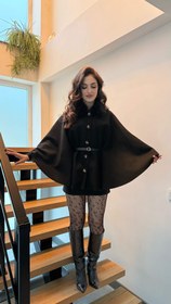 Resim Önden Düğmeli Kürk Yaka Panço Siyah 