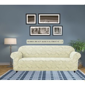 Resim Koltuk Örtüsü Jakarlı Esnek Ve Lastikli 3 Kişilik Krem 