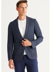 Resim AC&Co / Altınyıldız Classics Erkek Lacivert-beyaz Slim Fit Dar Kesim Mono Yaka Desenli Ceket Beyaz - Lacivert 