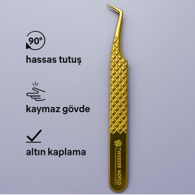 Resim DRAGONTATTOO Profesyonel Kirpik Uzatma Cımbızı – 90° Eğimli Uç, Altın Kaplama – Volume Fan Yapımına Uygun 