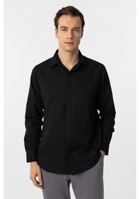 Resim Süvari Siyah Regular Fit Armürlü Klasik Yaka Gömlek 