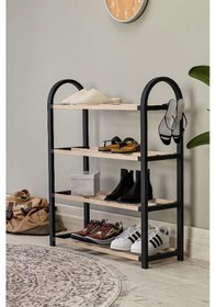 Resim Midi Ahşap Çubuklu Ayakkabılık 4 Bölmeli Düzenleyici Raf Naturel Siyah 