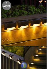 Resim Technojet 4 Adet Solar Güneş Enerjili Şarj Edilen Sarı Işık Köşebent Merdiven Bahçe Led Lamba Siyah 